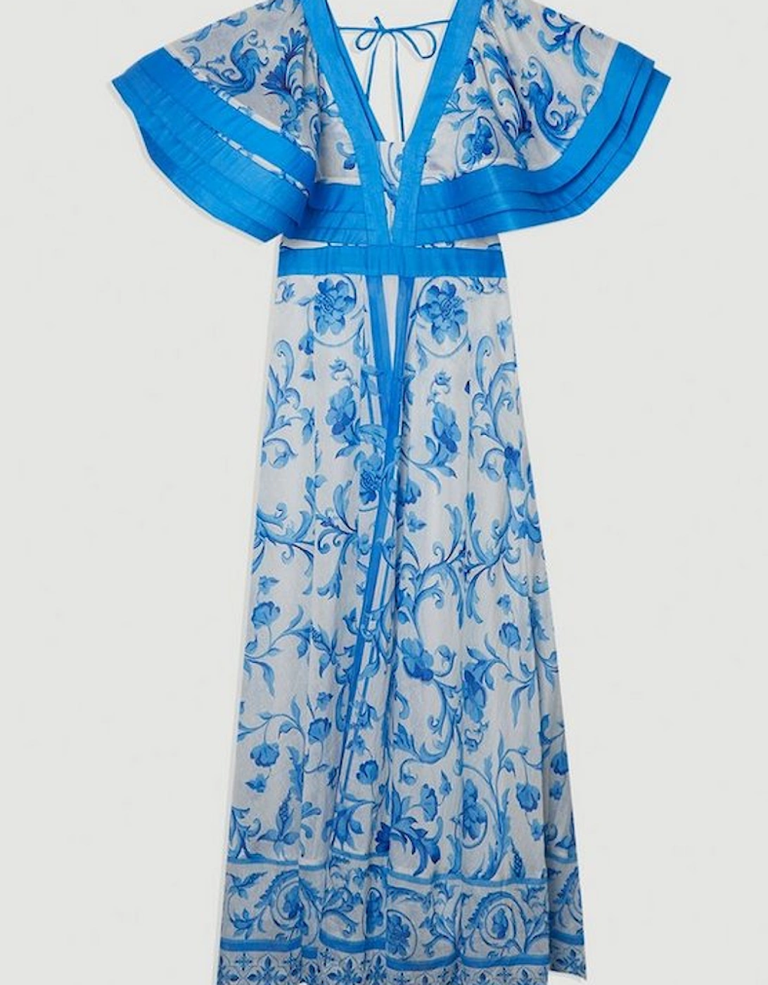 Organdie Ruffle Sleeve Plunge Neck Floral Print Woven Maxi Dress