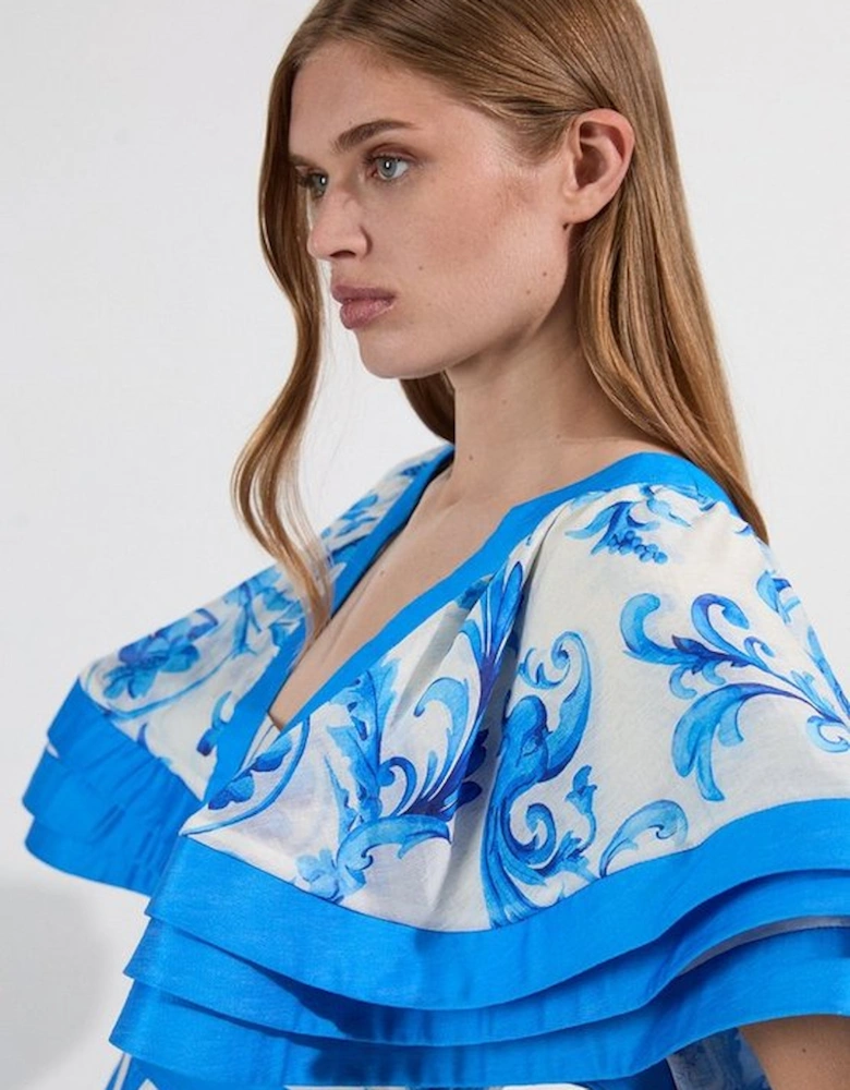 Organdie Ruffle Sleeve Plunge Neck Floral Print Woven Maxi Dress