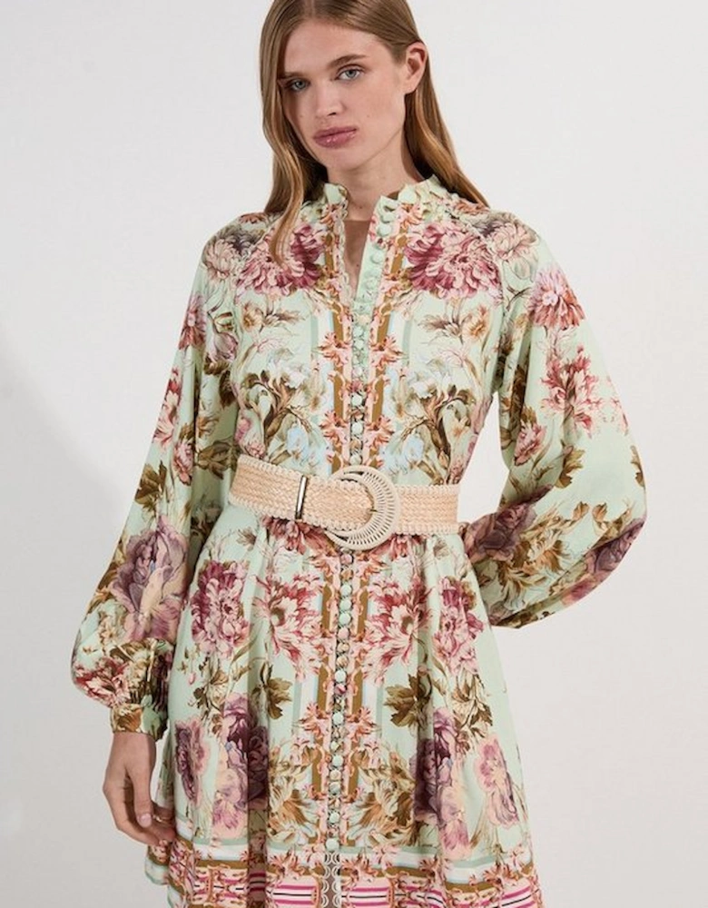 Mirrored Floral Viscose Linen Mini Dress