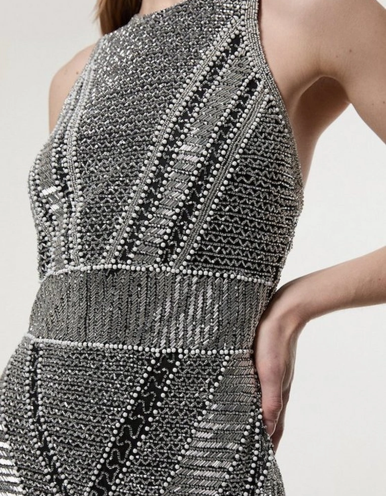 Petite Premium Beading And Embellished Woven Halter Neck Maxi Dress