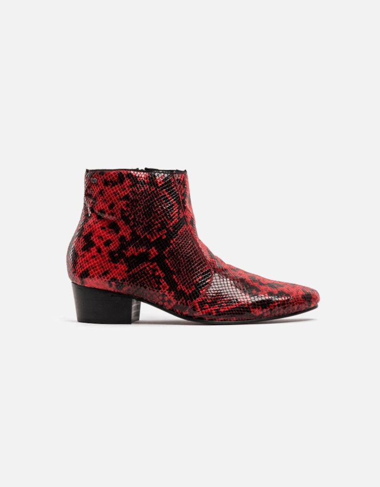 ROMARIO Mens Leather Cuban Heel Boots Python Red
