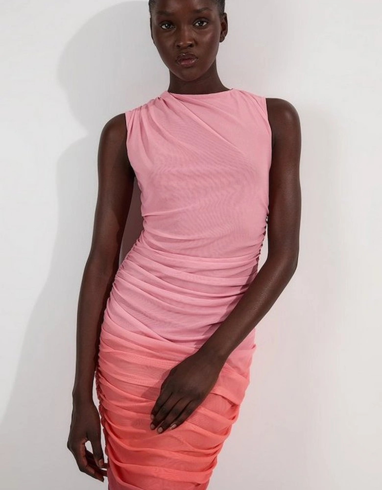 Sunset Ombre Mesh Ruched Jersey Maxi Dress
