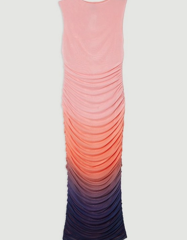 Sunset Ombre Mesh Ruched Jersey Maxi Dress