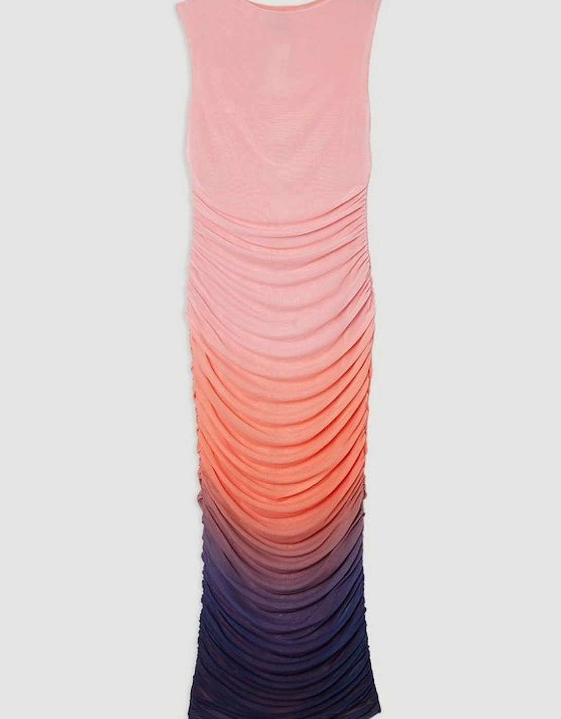 Sunset Ombre Mesh Ruched Jersey Maxi Dress