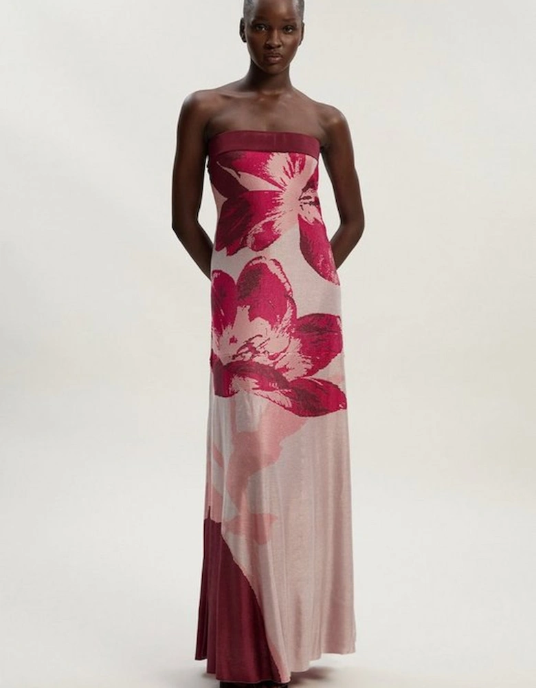 Placement Floral Jacquard Slinky Knit Bandeau Midi Dress