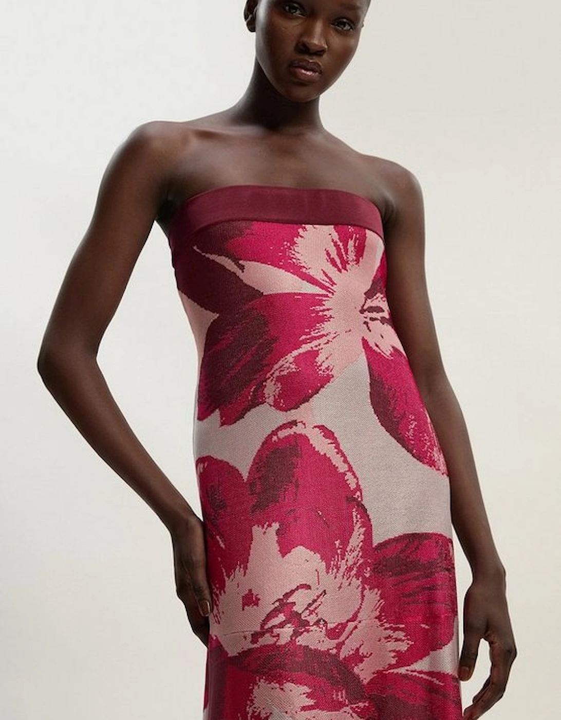 Placement Floral Jacquard Slinky Knit Bandeau Midi Dress