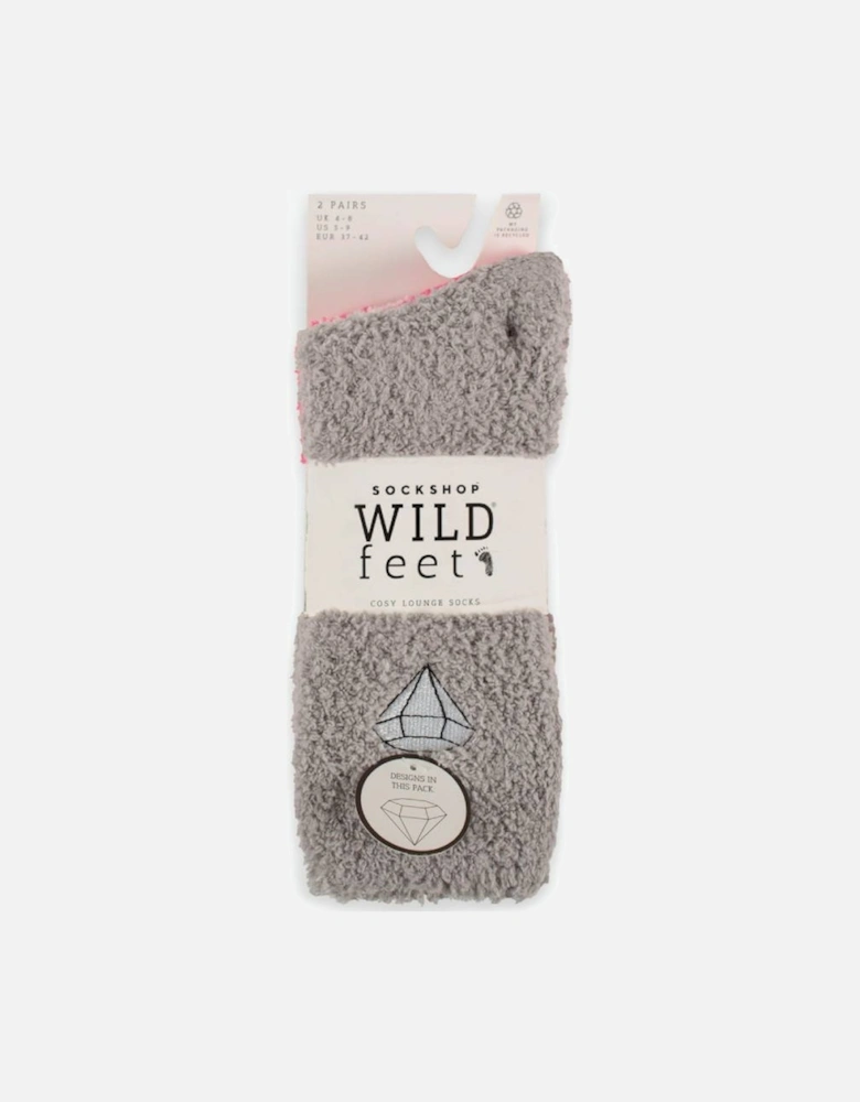 WildFeet Women's 2-Pack Fluffy Lounge Socks Grey With Diamond & Pink With Stripes