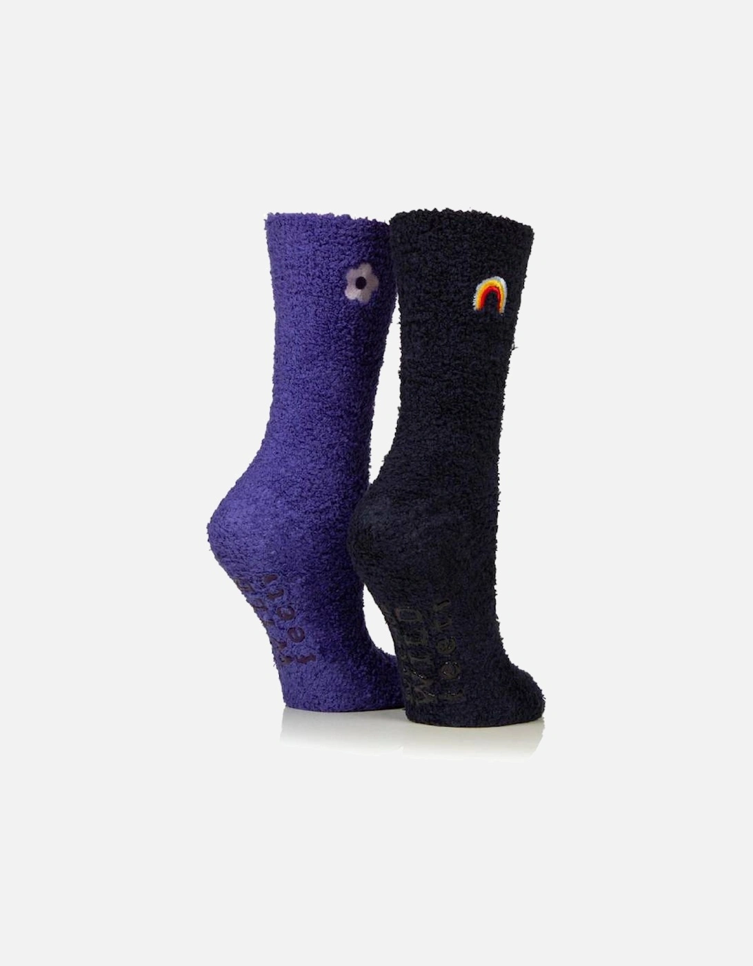 WildFeet Women's 2-Pack Fluffy Lounge Socks Navy/Purple With Rainbow & Flowers Embroidered, 4 of 3