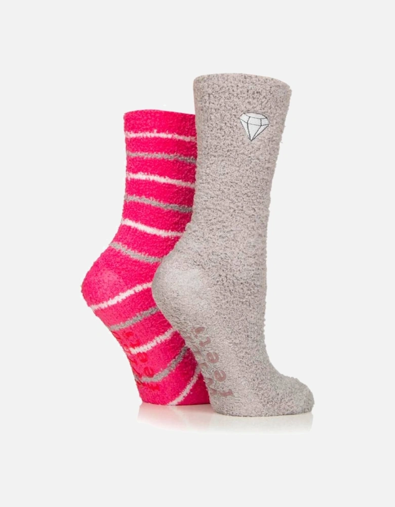 WildFeet Women's 2-Pack Fluffy Lounge Socks Grey With Diamond & Pink With Stripes