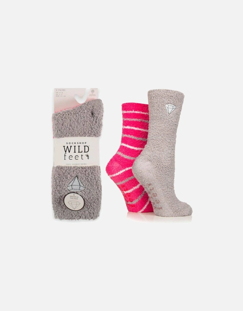 WildFeet Women's 2-Pack Fluffy Lounge Socks Grey With Diamond & Pink With Stripes