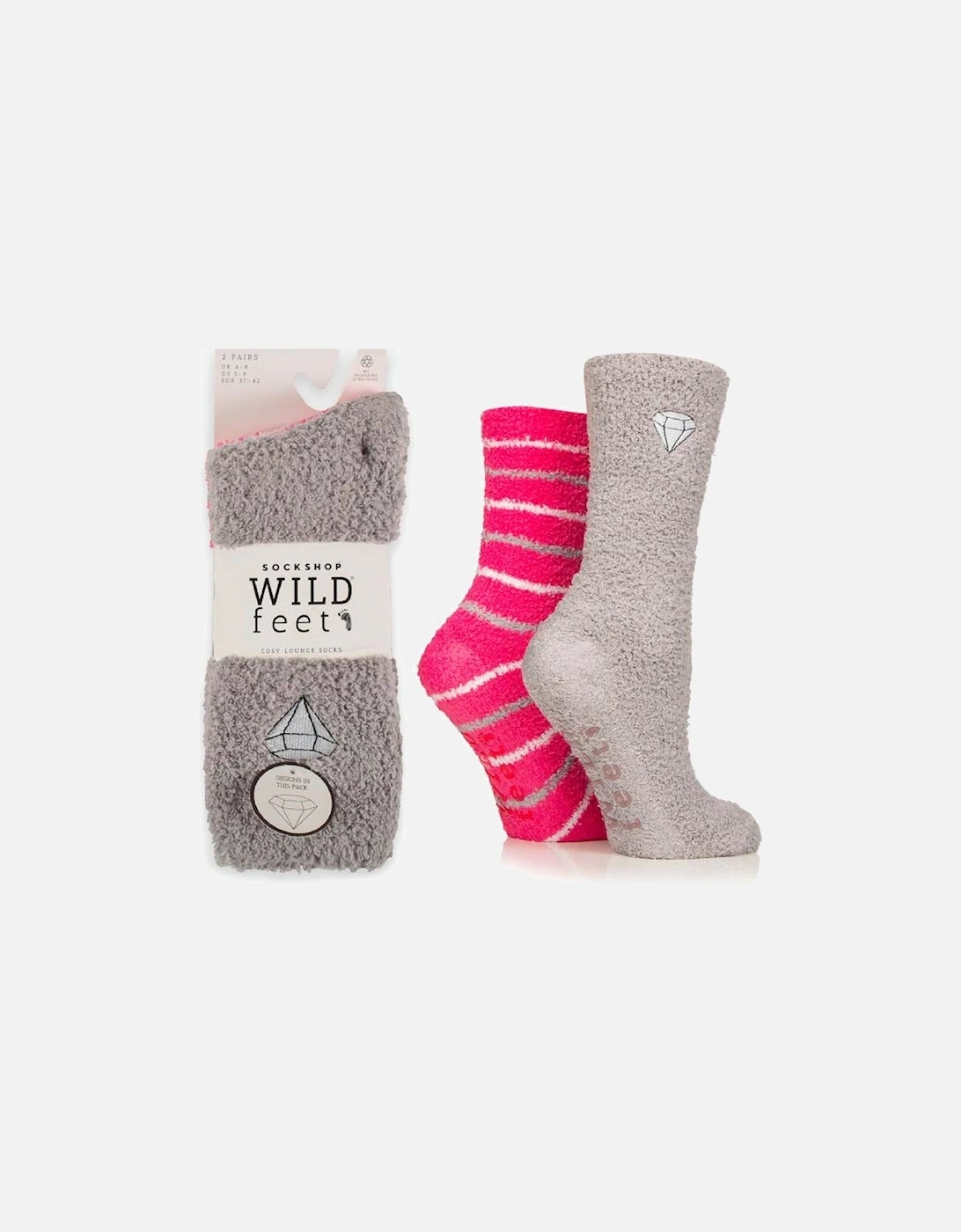 WildFeet Women's 2-Pack Fluffy Lounge Socks Grey With Diamond & Pink With Stripes