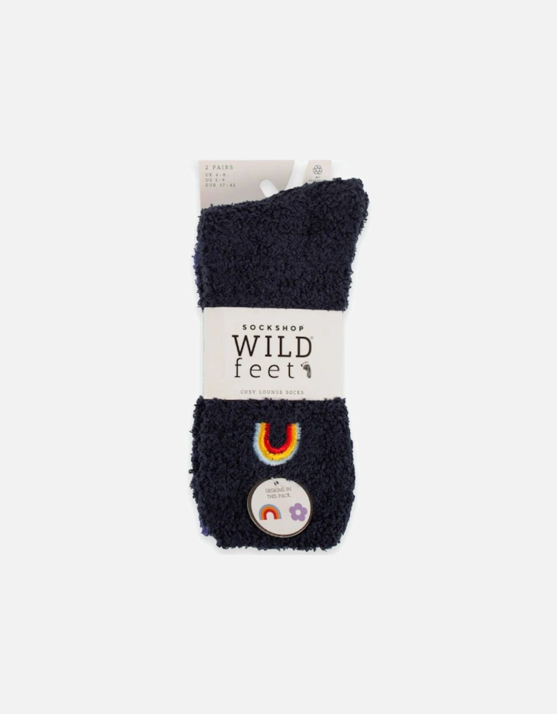WildFeet Women's 2-Pack Fluffy Lounge Socks Navy/Purple With Rainbow & Flowers Embroidered