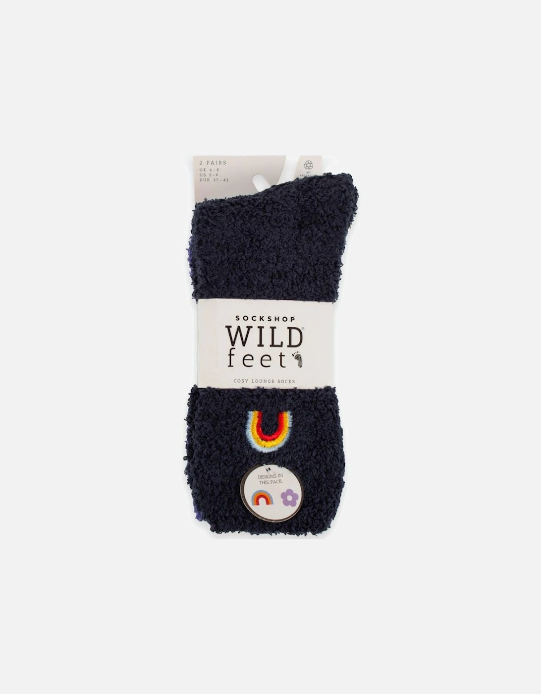 WildFeet Women's 2-Pack Fluffy Lounge Socks Navy/Purple With Rainbow & Flowers Embroidered