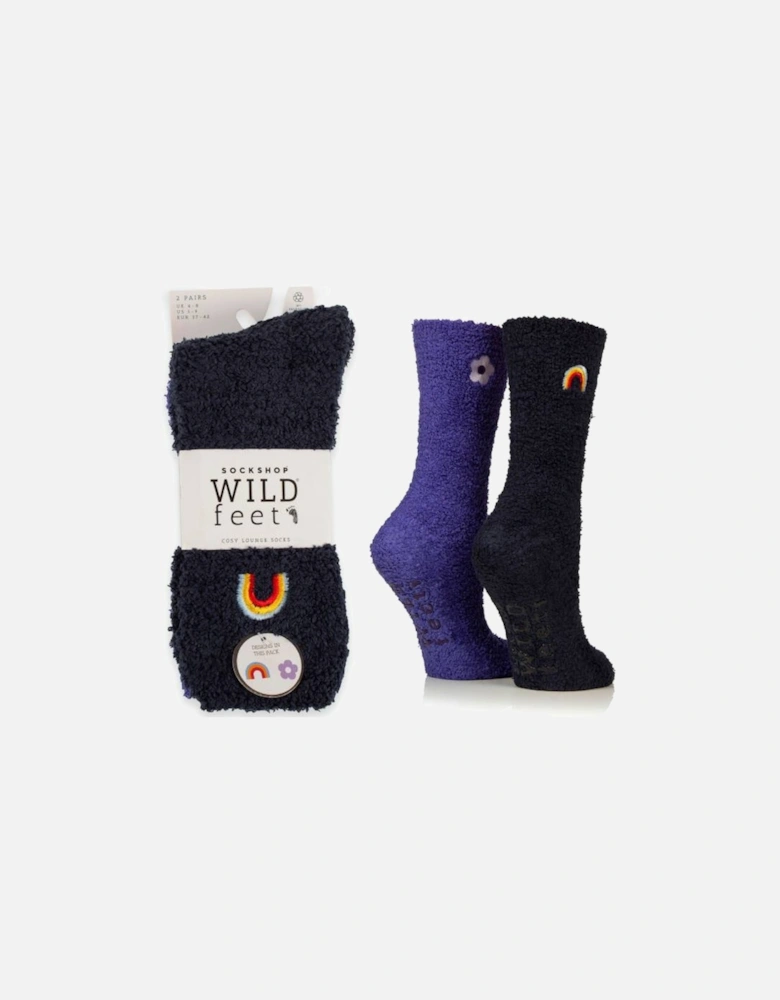 WildFeet Women's 2-Pack Fluffy Lounge Socks Navy/Purple With Rainbow & Flowers Embroidered