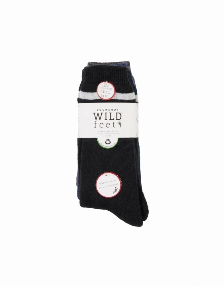 Sockshop Men's 3-Pack Brushed Thermal Socks Black/Navy/Charcoal with White Stripes