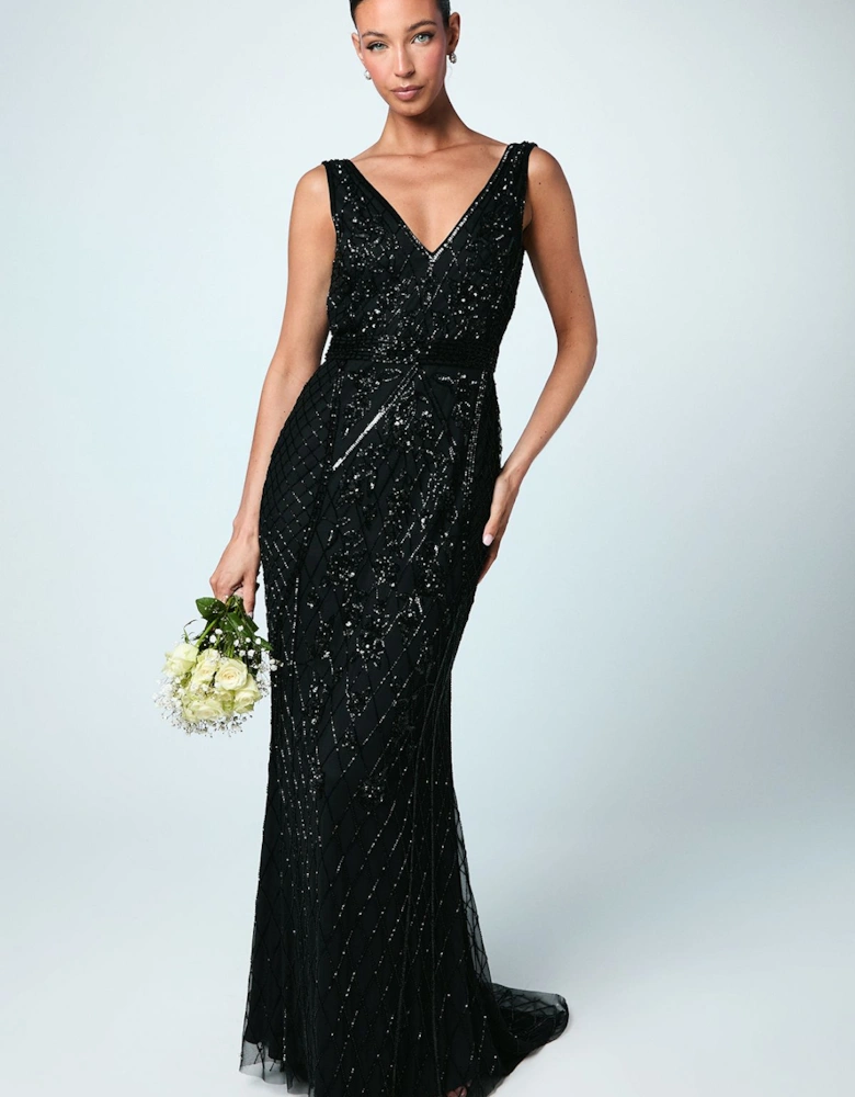 Plunge Floral Embellished Bridesmaids Dress