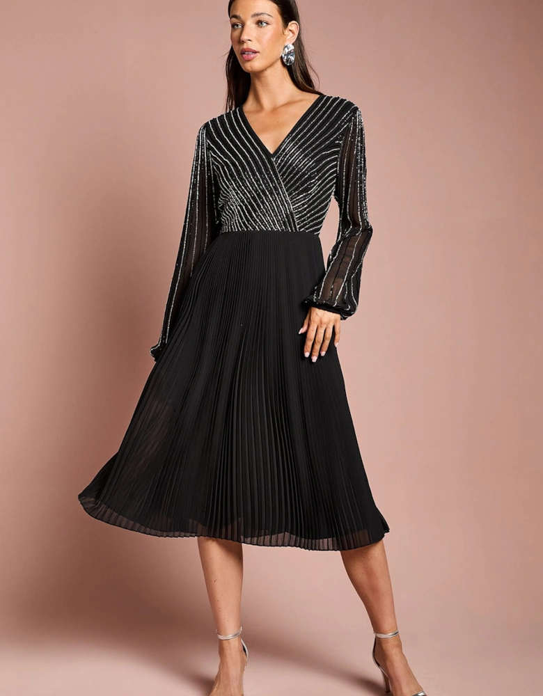 Embellished Wrap Bodice Midi Dress With Pleated Skirt