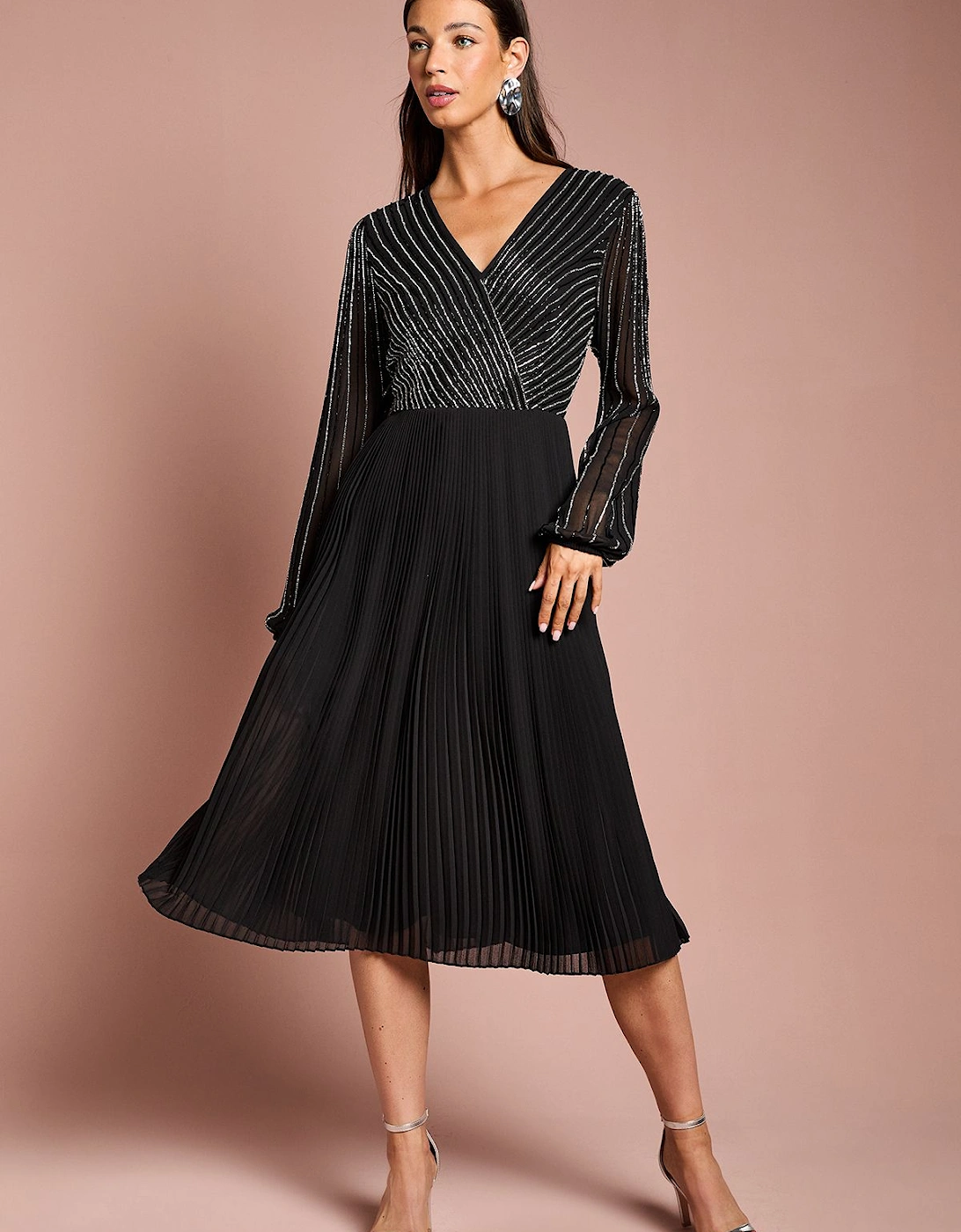 Embellished Wrap Bodice Midi Dress With Pleated Skirt, 2 of 1