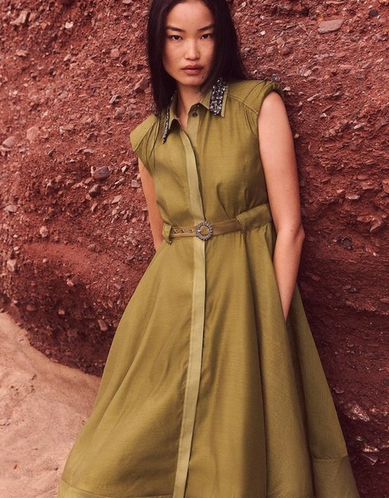Organdie Shirt Dress With Crystal Embellished Belt