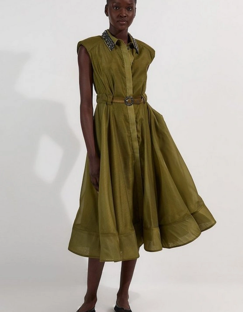 Organdie Shirt Dress With Crystal Embellished Belt