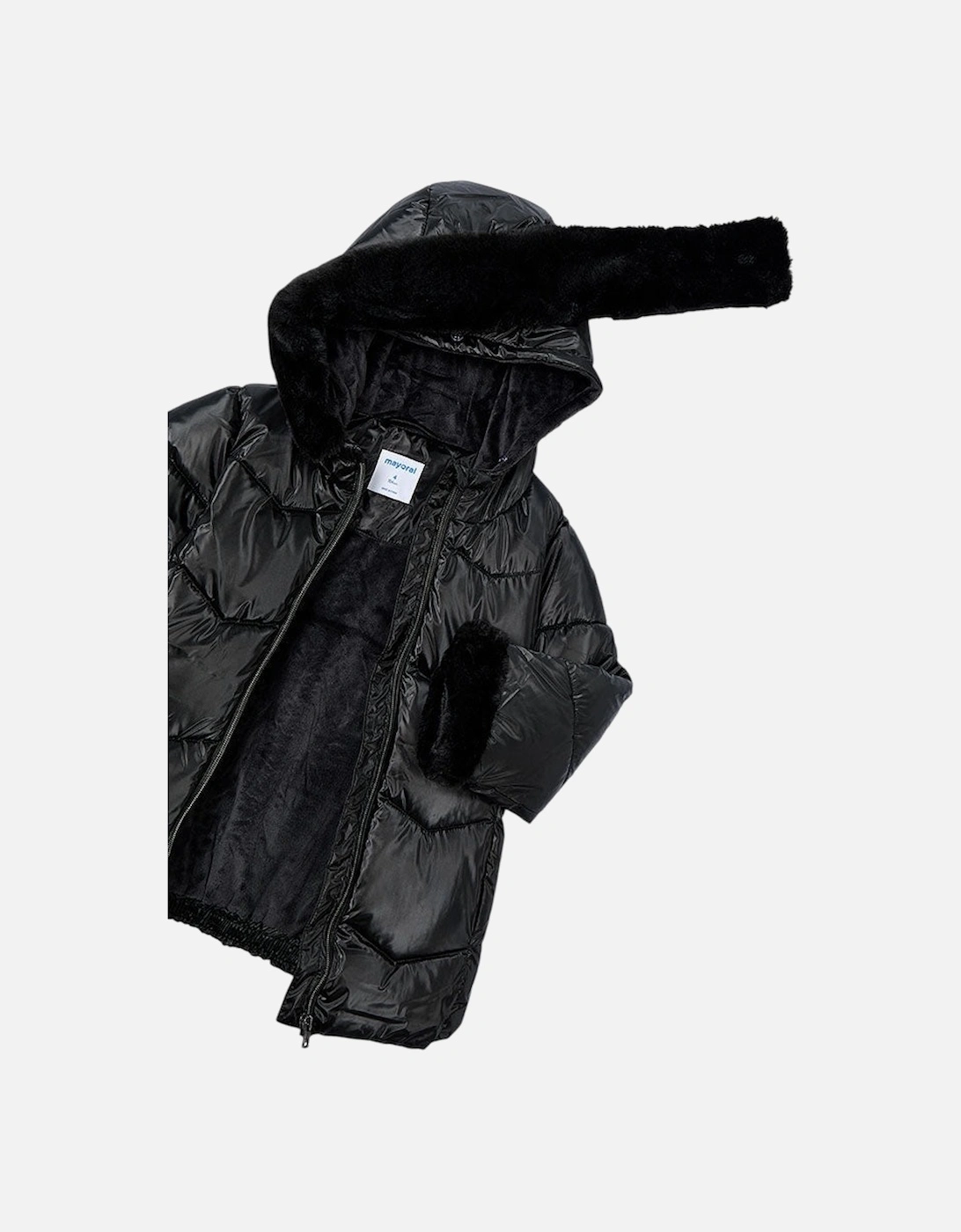 Girls Black Glossy Belted Coat