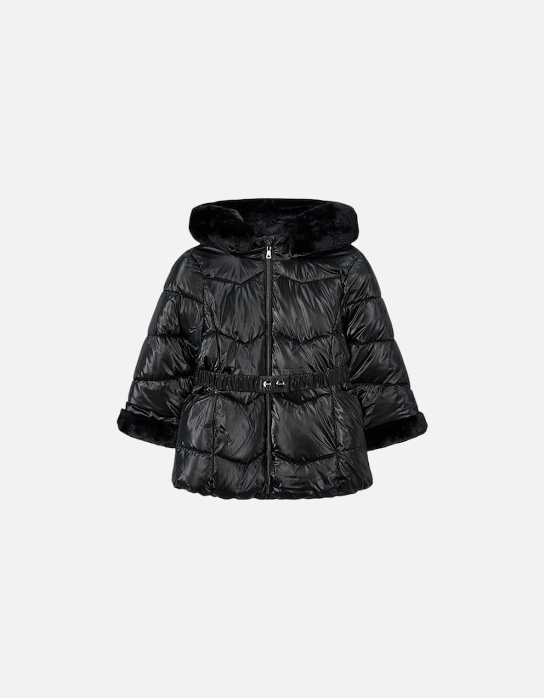 Girls Black Glossy Belted Coat, 4 of 3