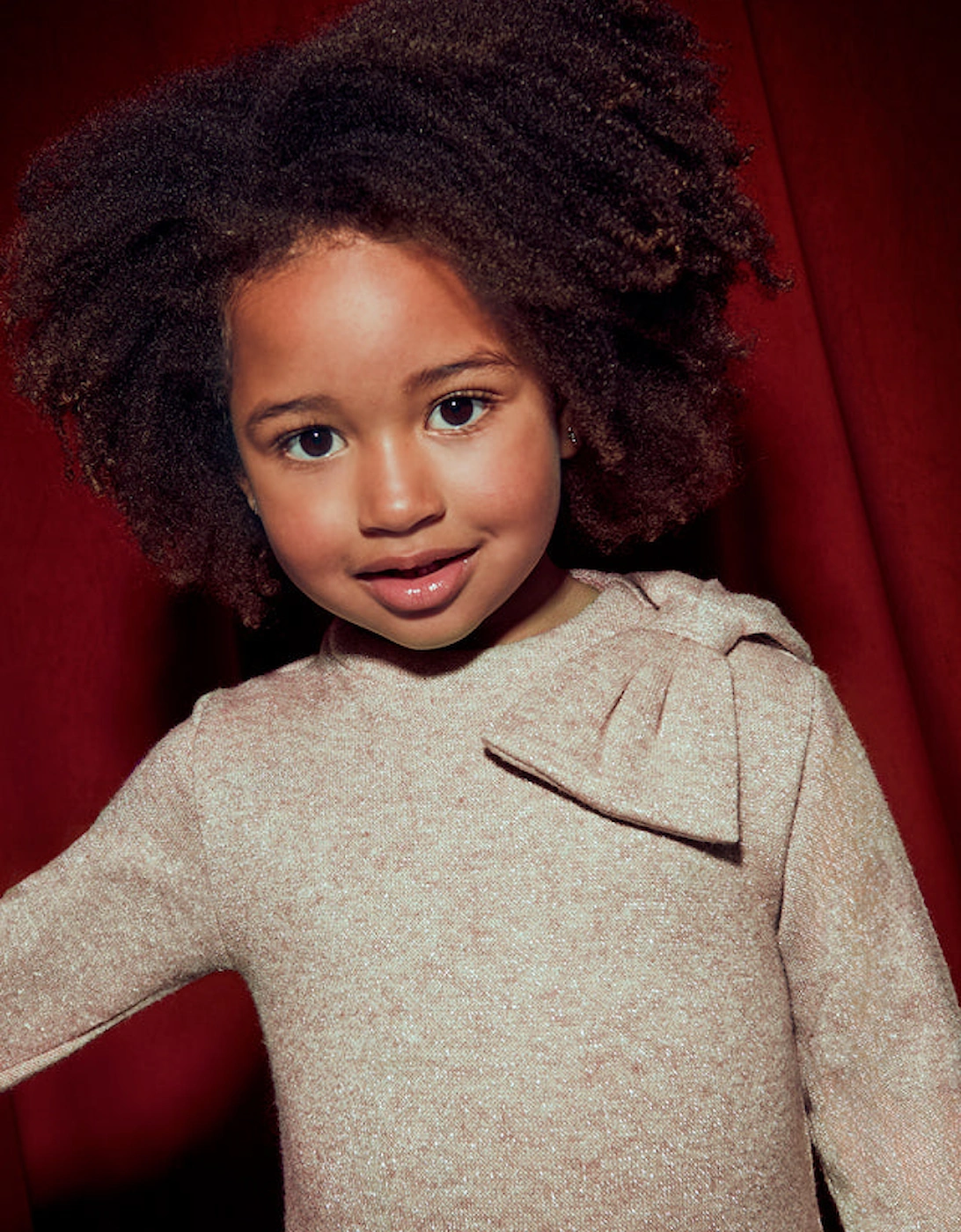 Girls Beige Shimmer Bow Dress