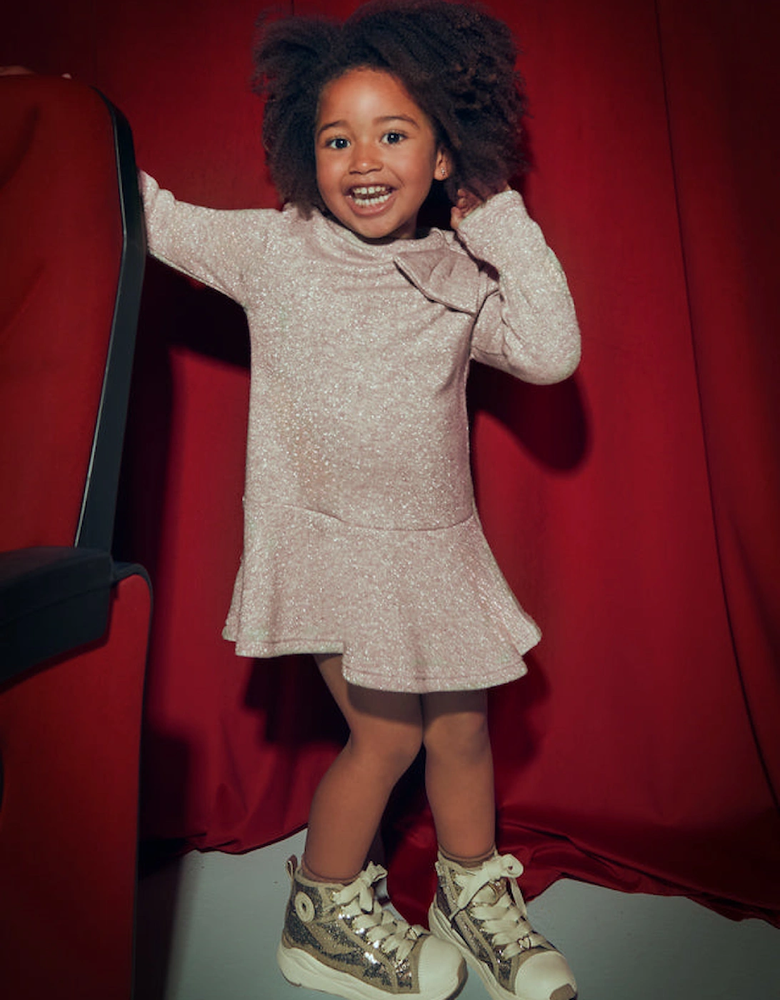 Girls Beige Shimmer Bow Dress