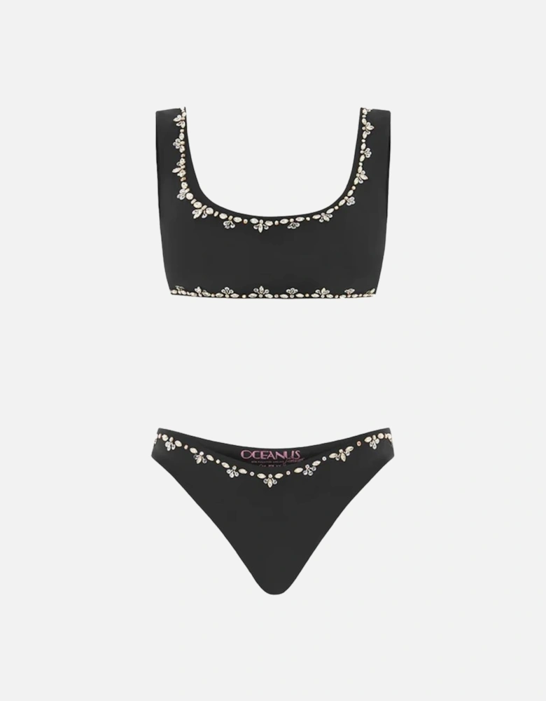 Aaliyah Hand Beaded Crystals Black Bikini Top