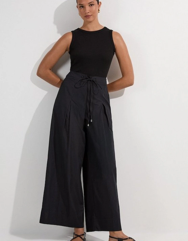Shirred Cotton Wide Leg Woven Trouser