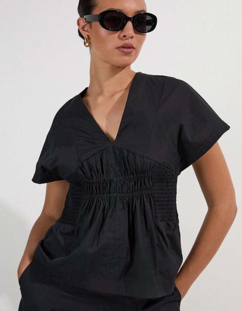 Shirred Cotton Woven Plunge Neck Short Sleeve Top