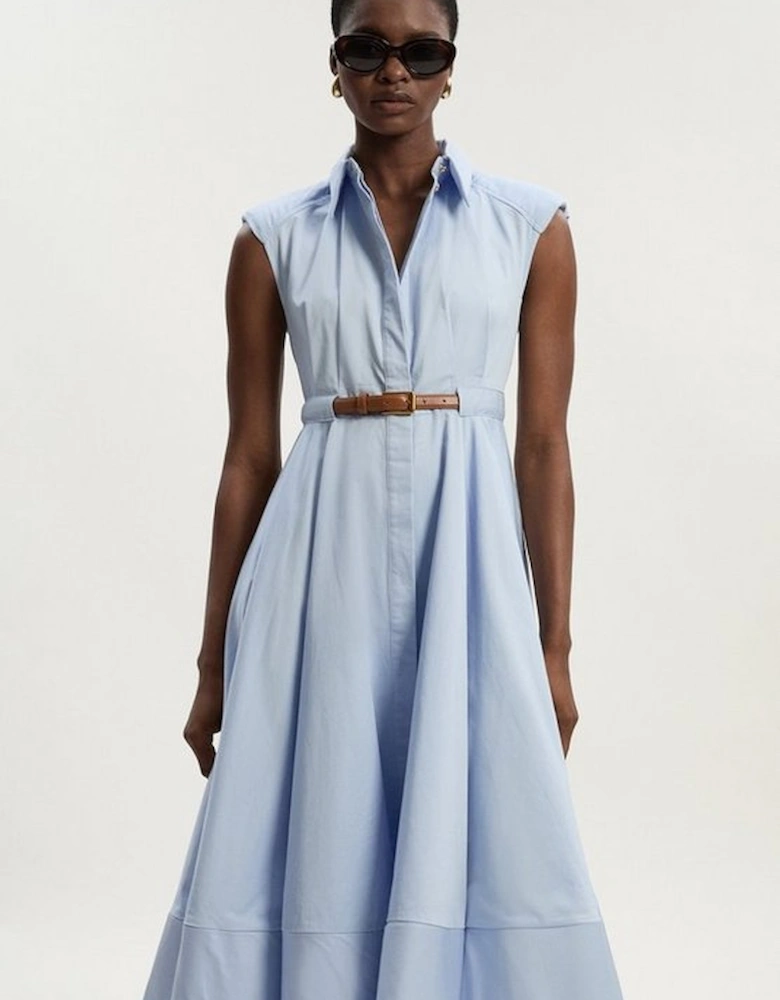 Tailored Cotton Belted Collared Full Midi Dress