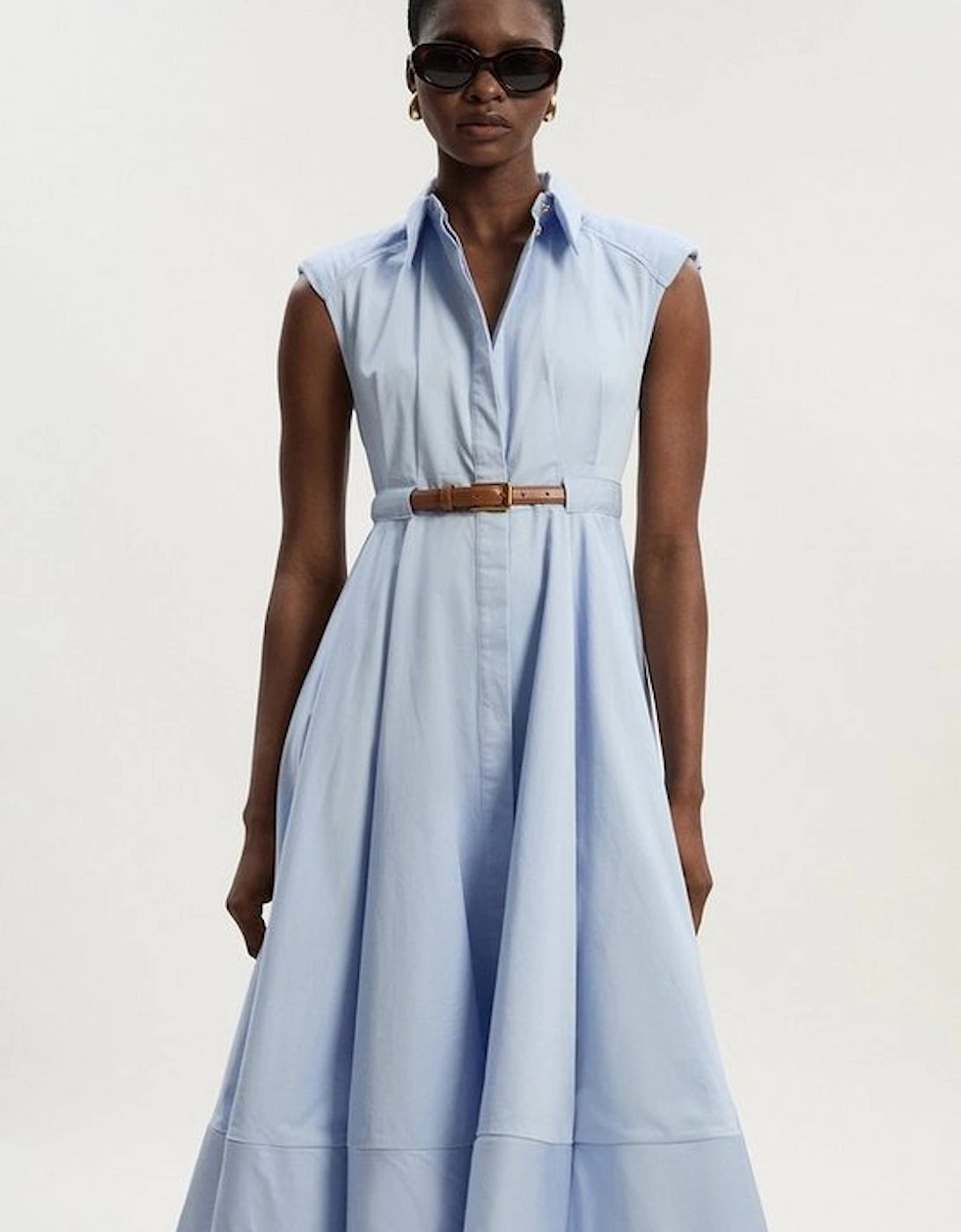 Tailored Cotton Belted Collared Full Midi Dress, 5 of 4