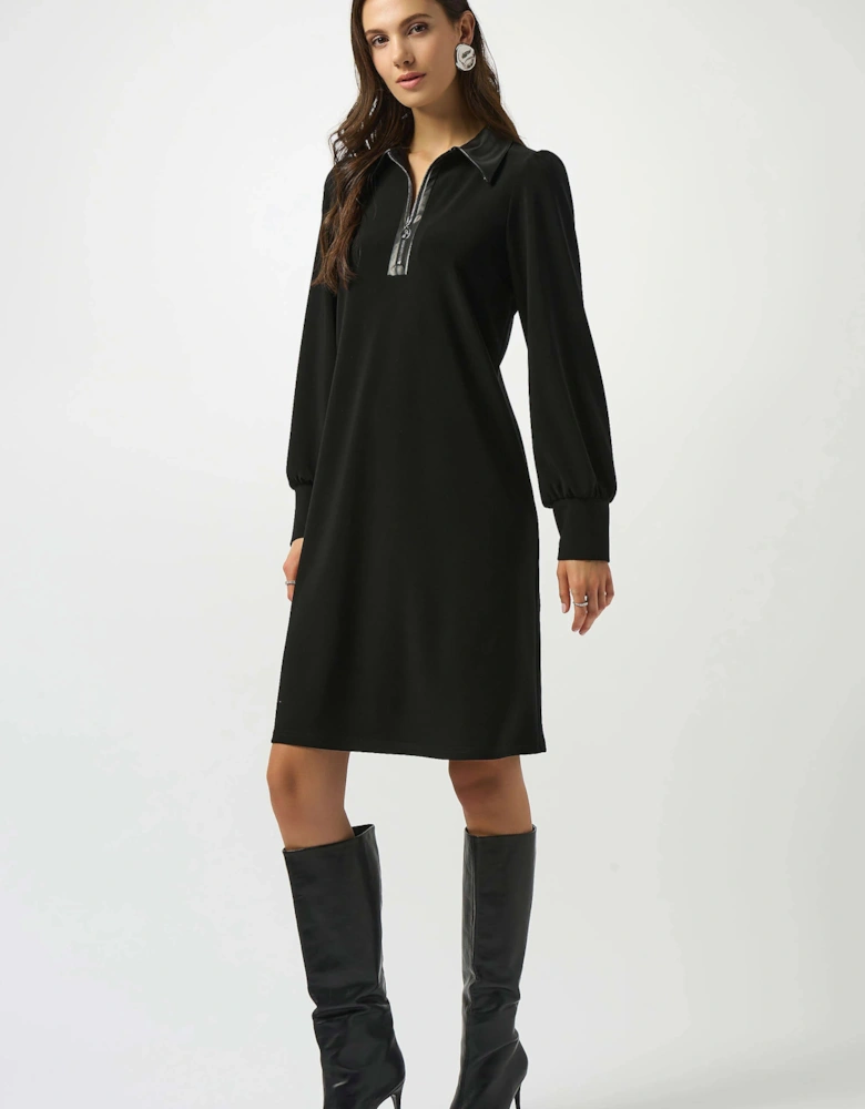 Silky knit and leatherette trapeze dress