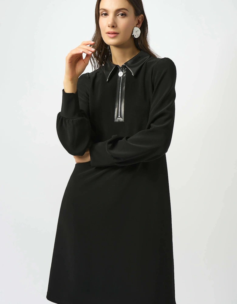 Silky knit and leatherette trapeze dress
