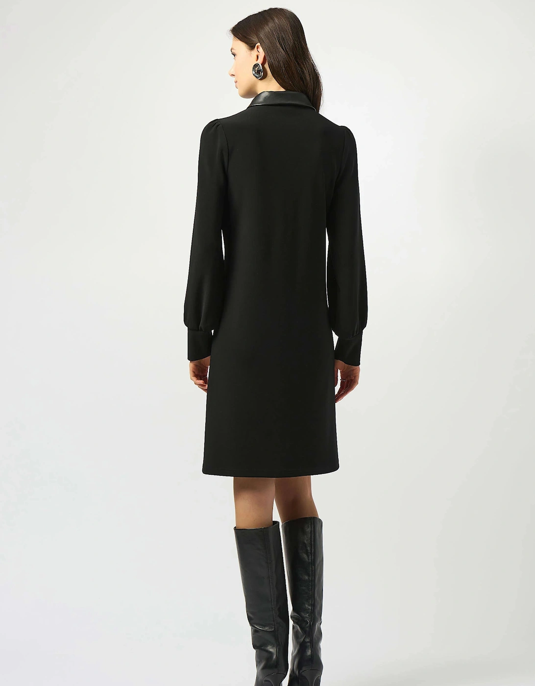 Silky knit and leatherette trapeze dress
