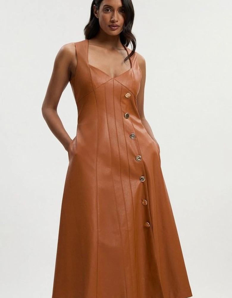 Faux Leather Button Detail Sleeveless Midi Dress
