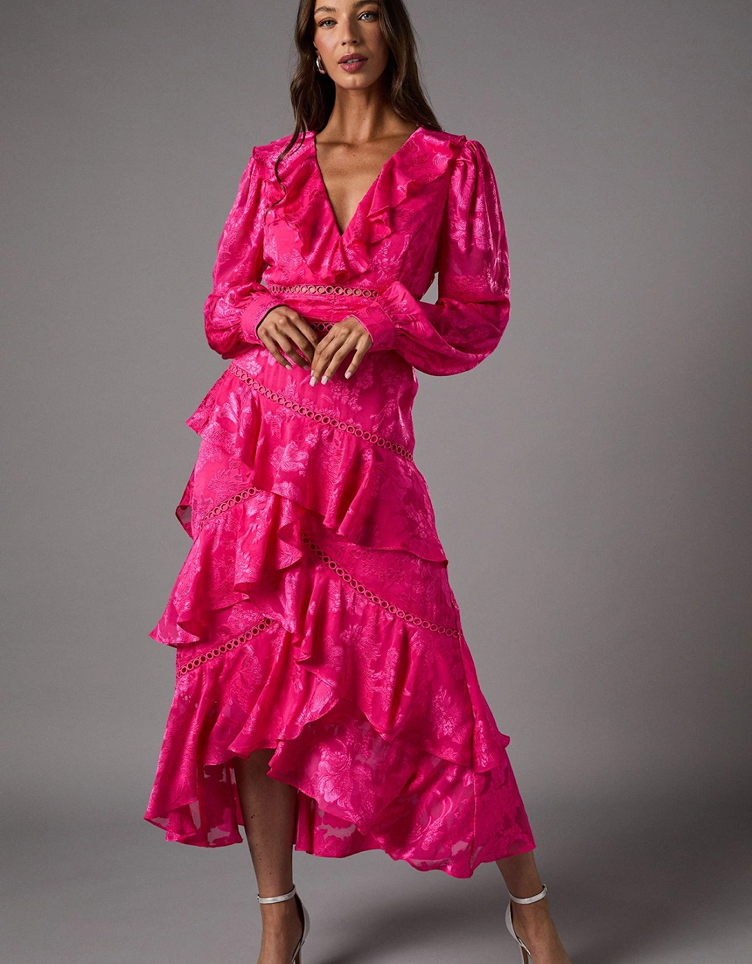 Long Sleeve Jacquard Midaxi Dress With Frills, 2 of 1