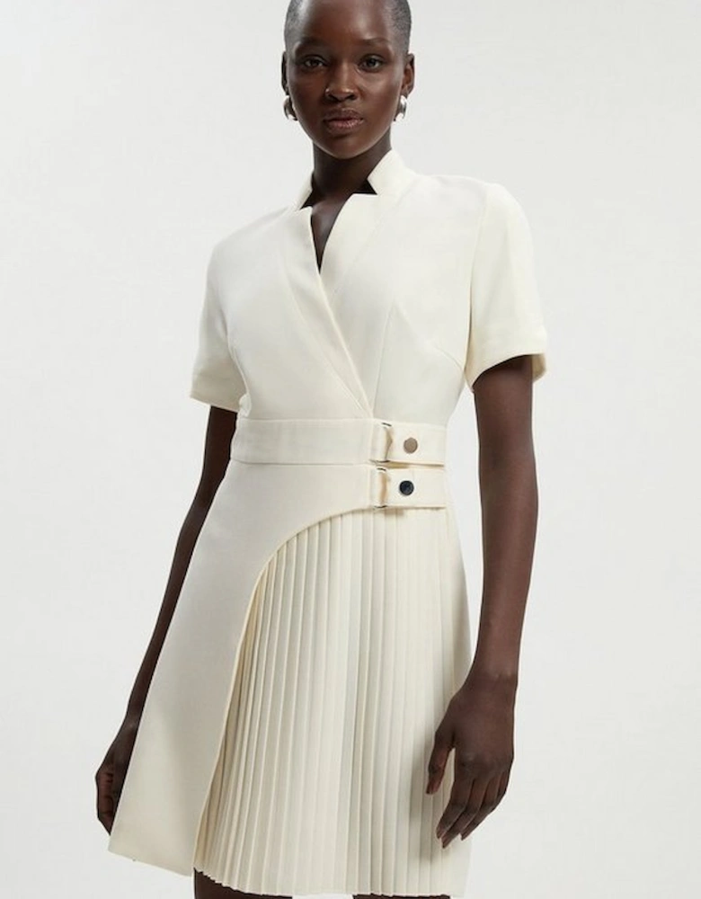 Tailored Crepe Military Pleat Notch Neck Wrap Mini Dress