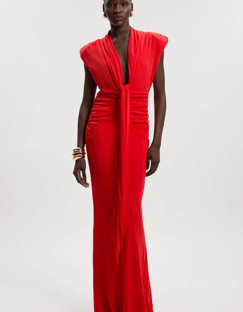 Plunge Ruched Twist Jersey Maxi Dress