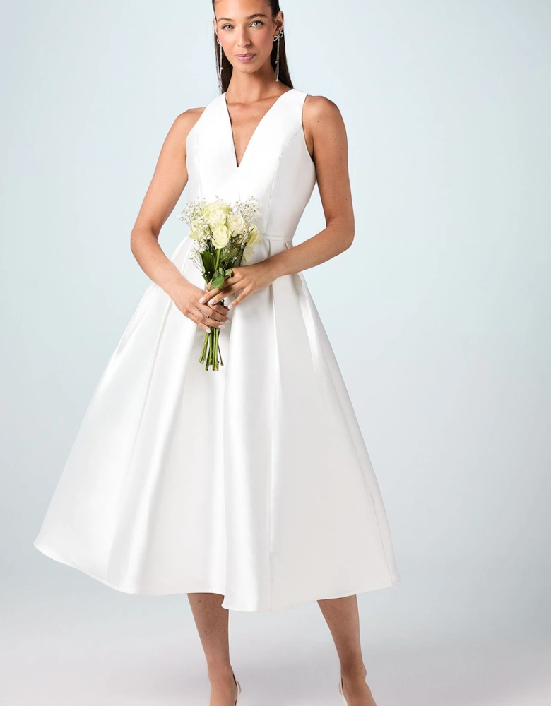 Plunge Neck Bow Waist Midi Dress With Pockets