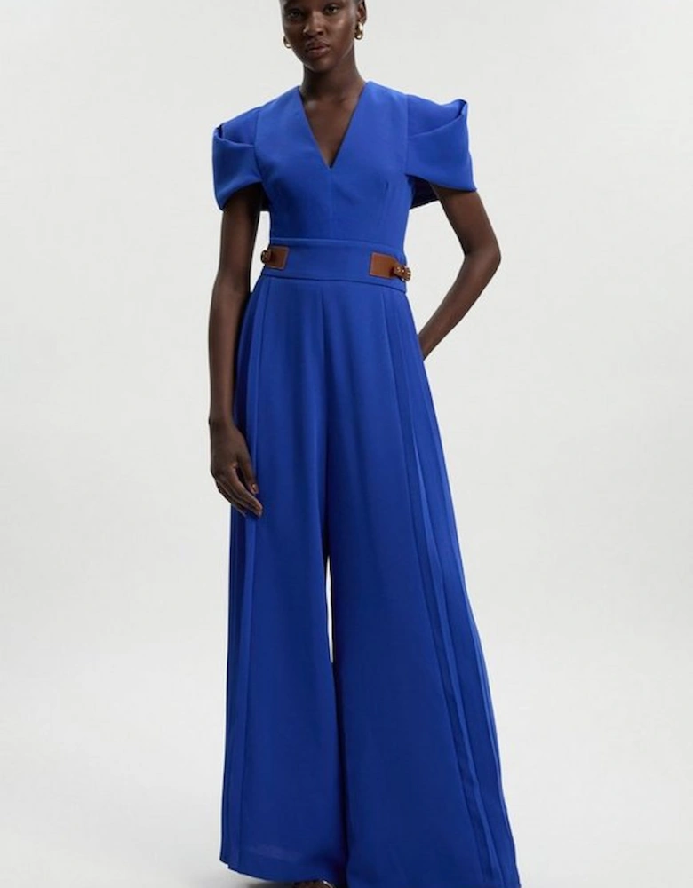 Soft Tailored Crepe Tab Detail Pleated Jumpsuit