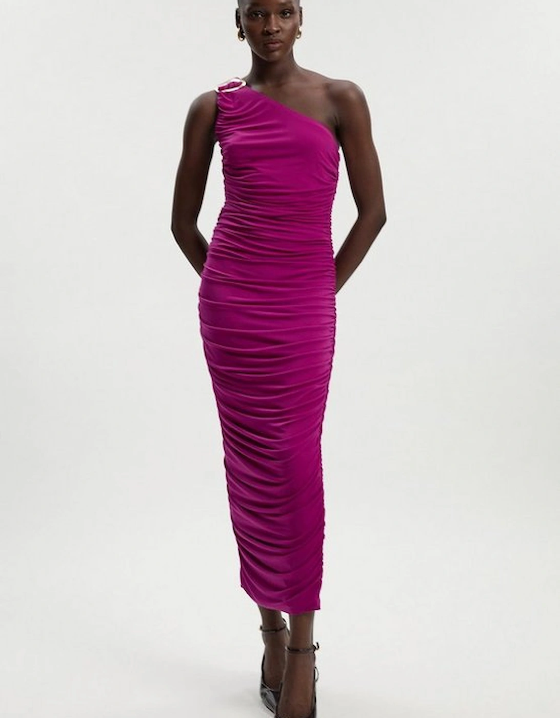One Shoulder Drapey Crepe Trim Detail Ruched Maxi Dress, 2 of 1