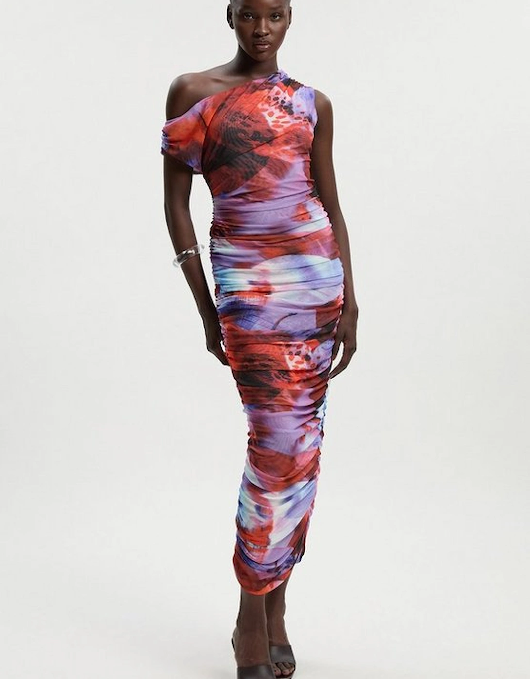 Floral Printed Mesh Ruched One Shoulder Maxi Dress, 2 of 1