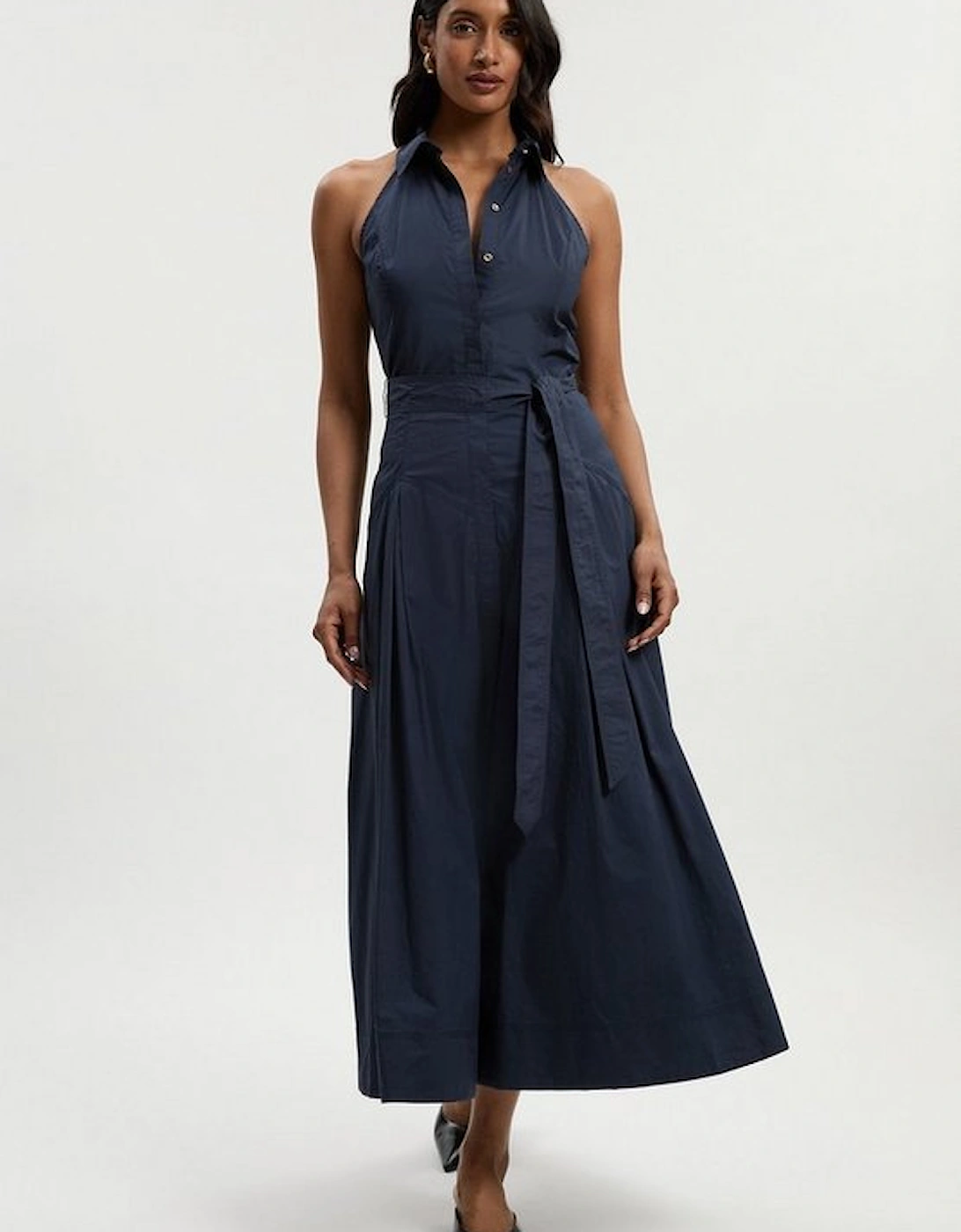 Cotton Collared Halter Neck Woven Midi Shirt Dress With Dropped Waist Detail, 2 of 1