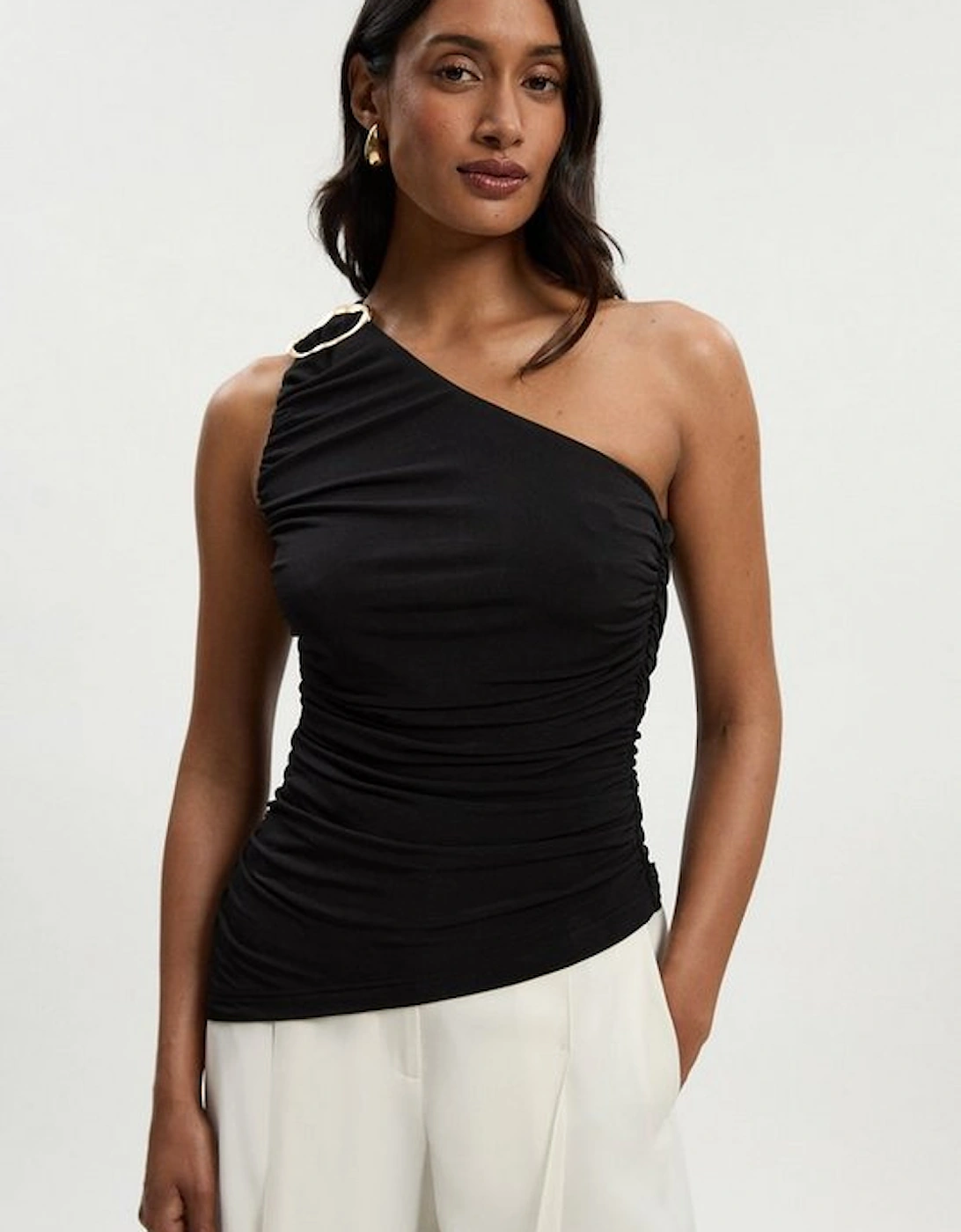 One Shoulder Drapey Crepe Trim Detail Ruched Top, 2 of 1