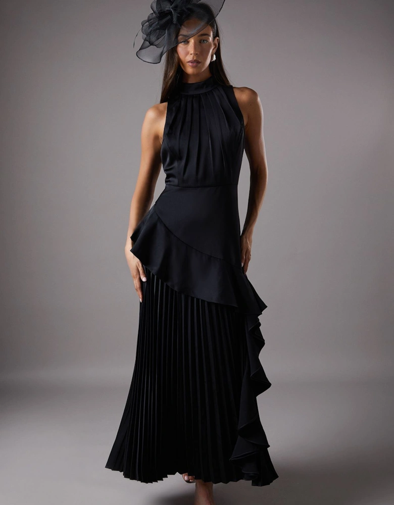 Sleeveless Ruffle Pleat Satin Back Crepe Dress
