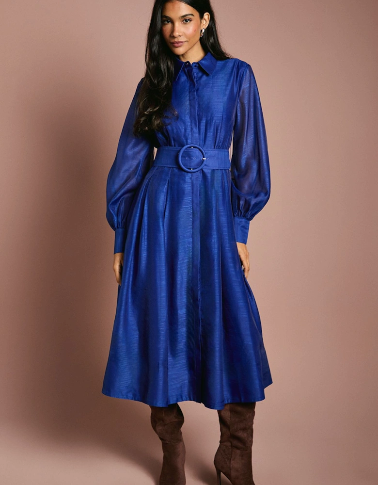 Organza Long Sleeve Midi Shirt Dress With Belt