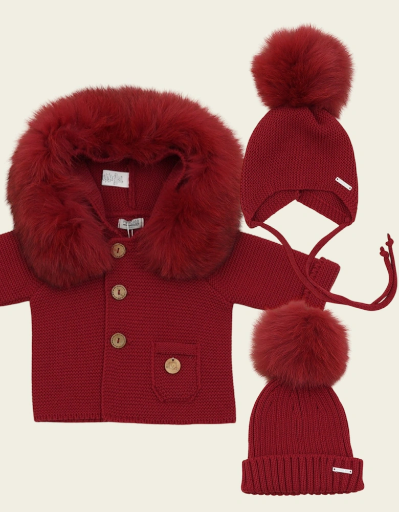 Dark Red Knit Natural Fur Cardigan