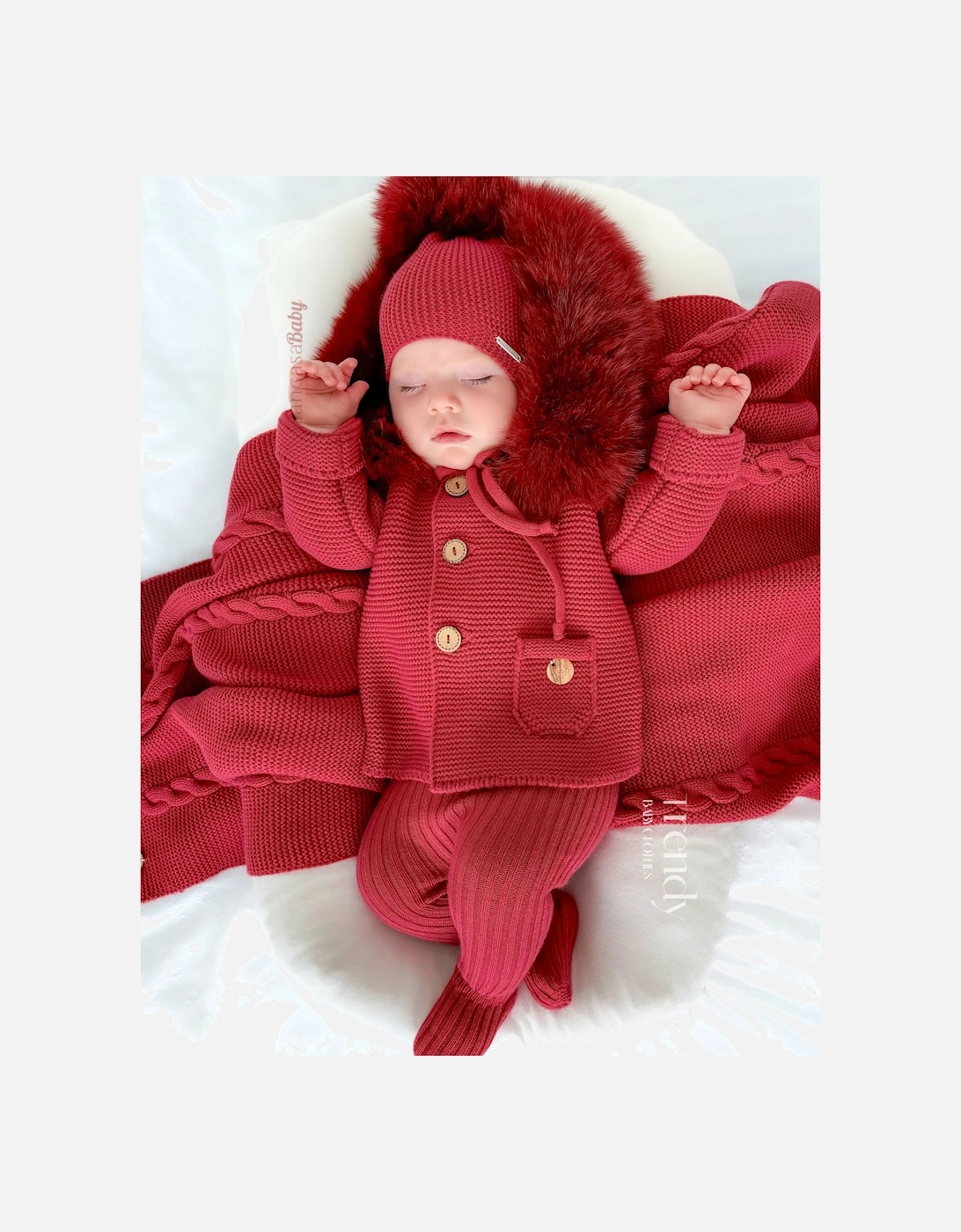 Dark Red Knit Natural Fur Cardigan